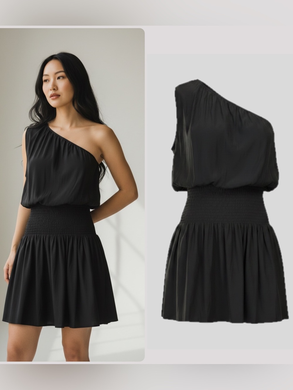 Ramy Brook Leila One-Shoulder Black Smocked-Waist Mini Dress NWT $395